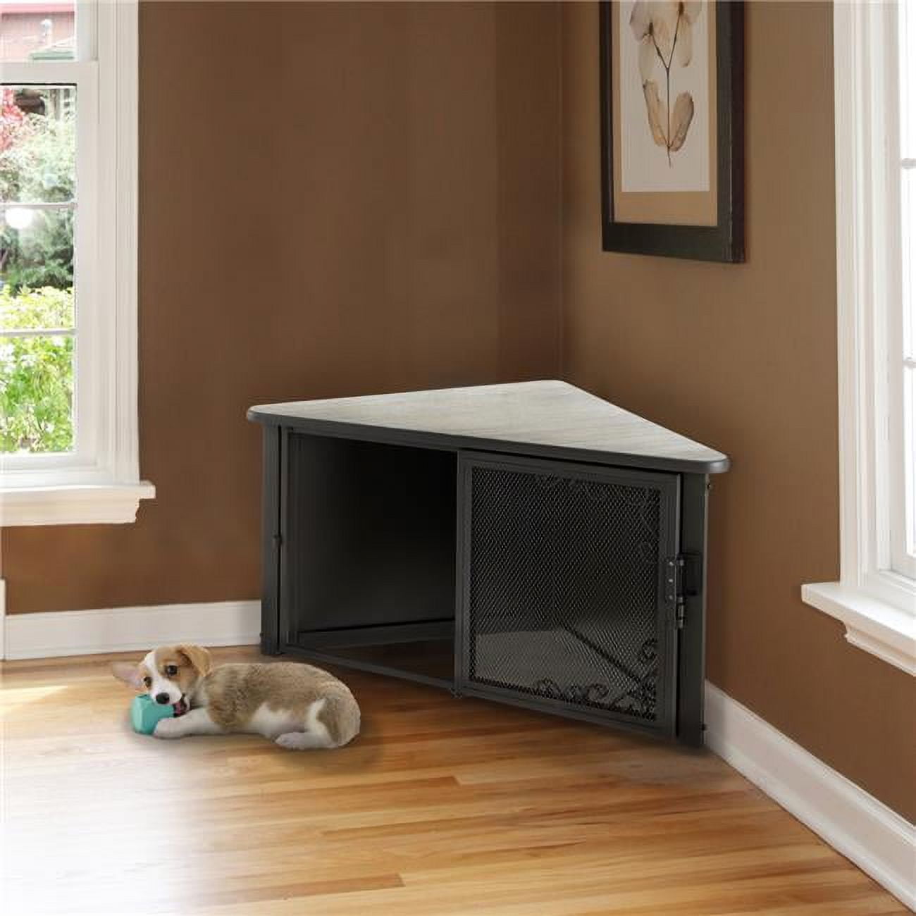 Small Antique Bronze Wood Corner Table Pet Crate