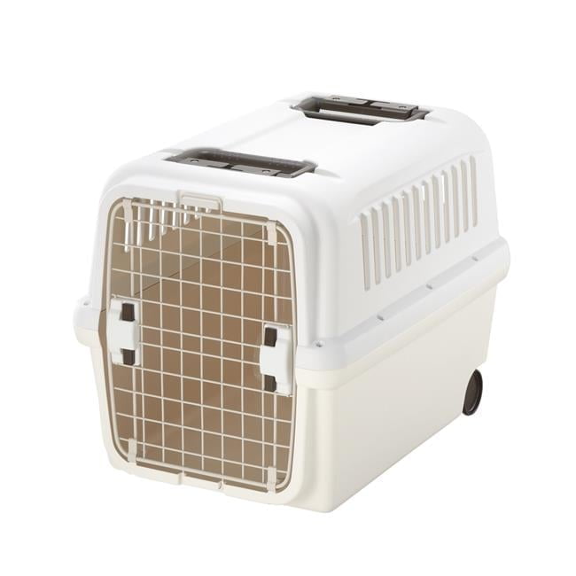 Medium Beige and White Rolling Hard-Sided Pet Carrier