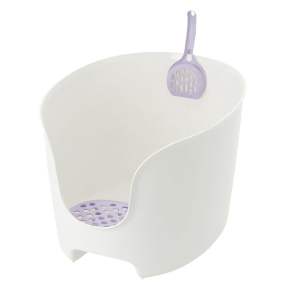 Richell PAW TRAX High Wall Cat Litter Box in White/Lavender, High Sides Cat Litter Box with Scoop