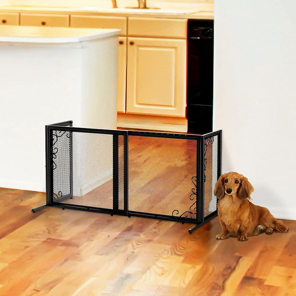 Black Metal Adjustable Freestanding Pet Gate with Mesh Screen