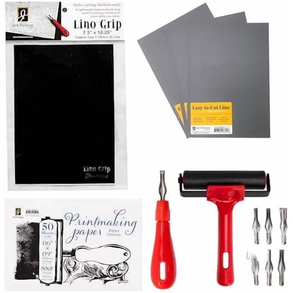 Richeson & Co. Printmaking Starter Kit - Easy to Cut Lino Set, Includes Lino Cutter, Blades, 4 Brayer, Lino Grip, Printmaking Paper$$Art & Craft