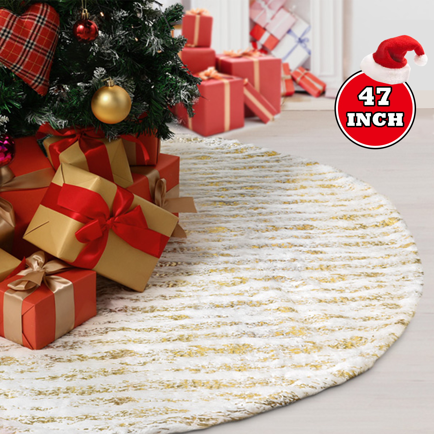 Richgv 47 Inch Christmas Tree Skirt, Golden Stamping White Christmas