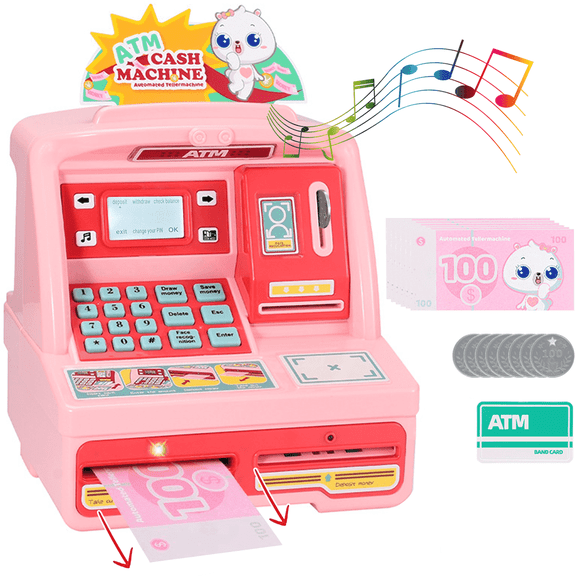 Richgv Piggy Bank for Kids, ATM Money Savings Bank for Cash Coin Toys for Girls 3-6 Year, Pretend Play Money Saving Box with Music