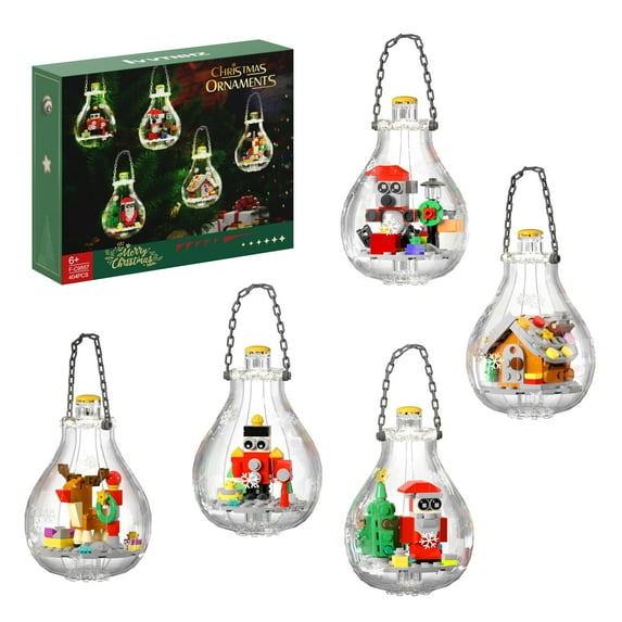 Richgv Christmas Ornaments Building Kit with LED Lights, 5 Pack Christmas Tree Decorations with Santa Claus Gingerbread House, Xmas Gifts for Kids Adults