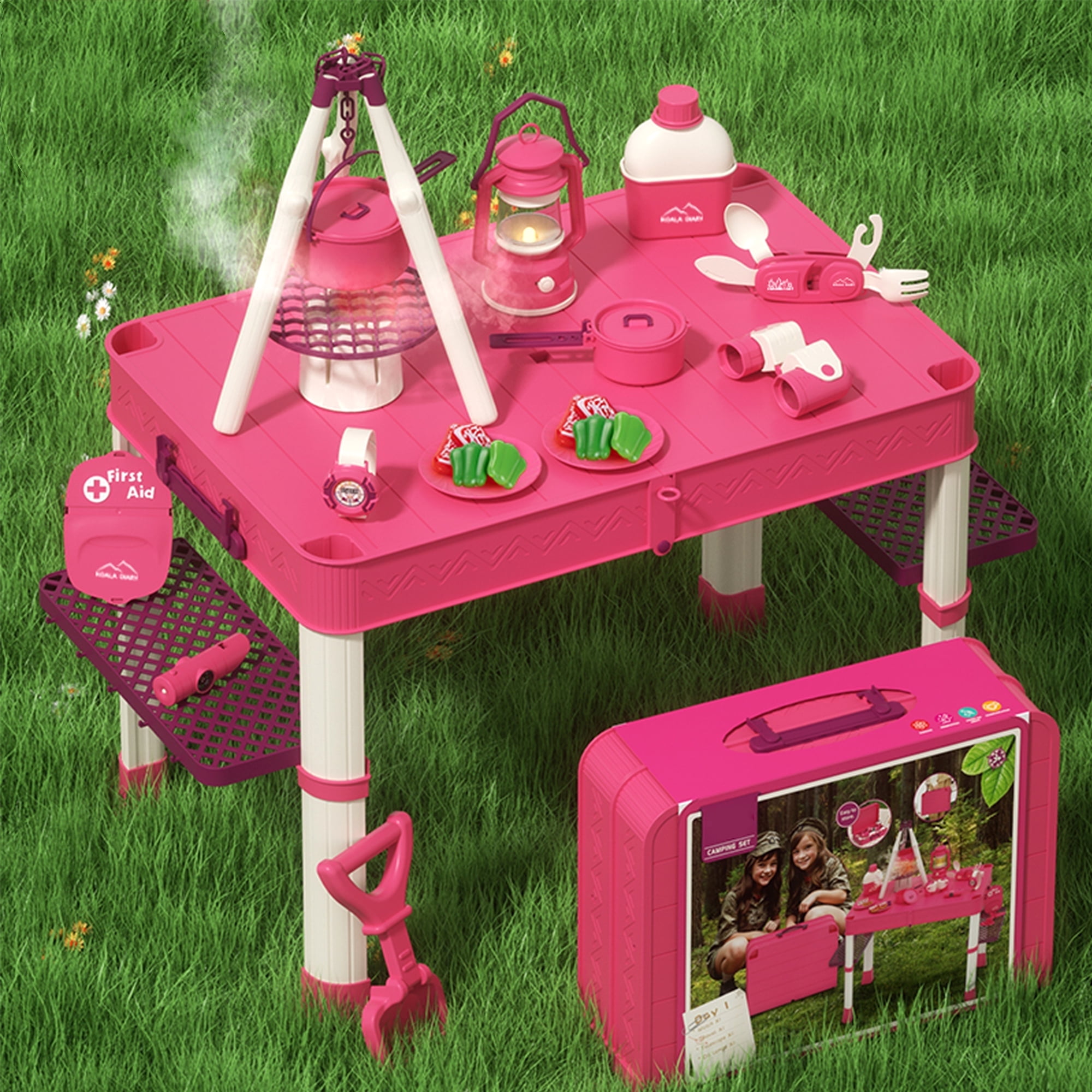 Richgv Kids Camping Toy Set with Play Table, Pretend Play Camping Toys with Folding Storage Table, Outdoor Indoor Toddler Camping Toy for Girl Boy