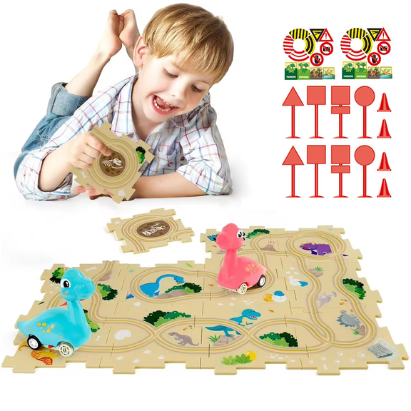 Richgv Puzzle Racer Kids Car Track Set with 2 Dinosaur Cars, Montessori Educational Learning Toys 12 PCS Puzzle Track Car Play Set, Toddler Toys Gift for 3 4 5 6 Year Boys Girls
