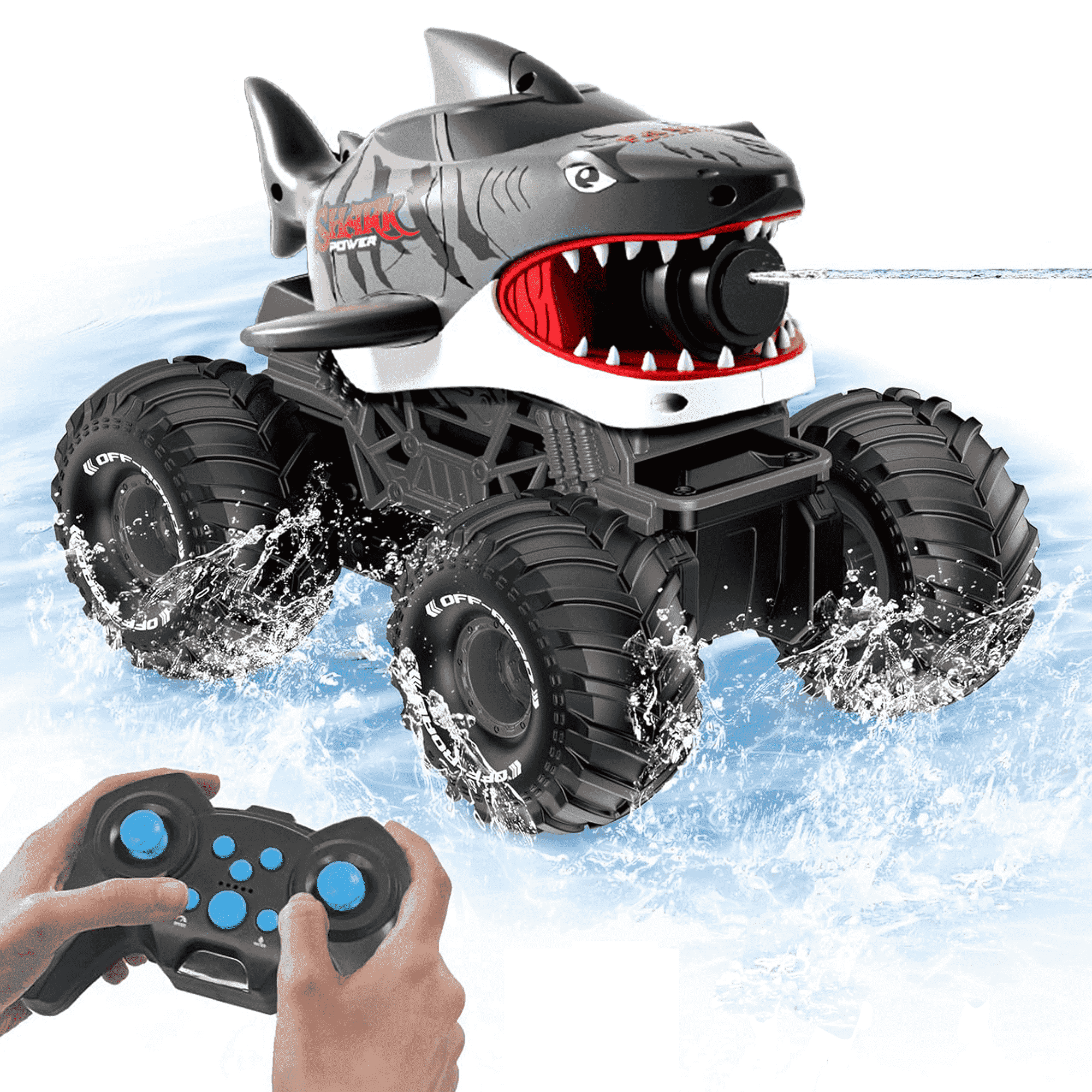 Richgv Remote Control Car Amphibious RC Shark Truck with Water Squirt, Waterproof All Terrain Off-Road Monster Truck, Kids Pool Toy Gift for Boy Girl Age 6+