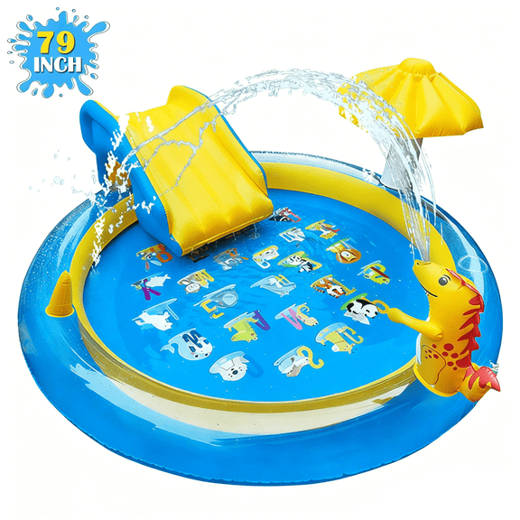Richgv Splash Pad Sprinkler Play Mat with Slide, 78.7'' Inflatable Sprinkle Mat Outdoor Water Dinosaur Toys Pool Summer Toys Backyard Water Mat