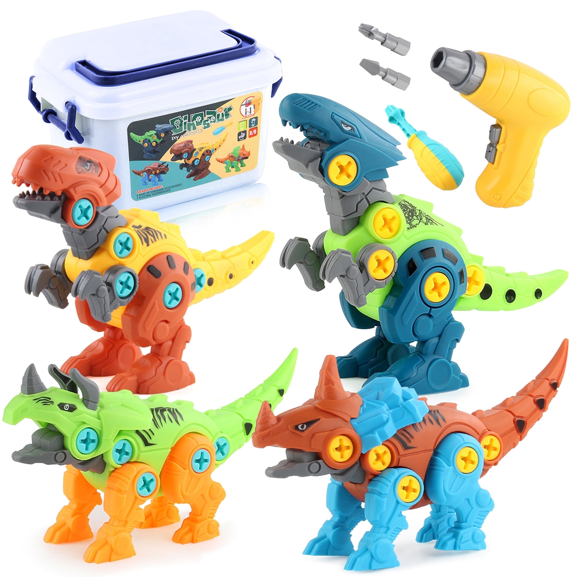 Richgv 4 Pack Dinosaur Take Apart Toys, Kids Toys Stem Dinosaur Toys with Storage Box, Educational Construction Toys for 3 4 5 6 Years Old Boys, Learning Toy Gifts for Toddlers