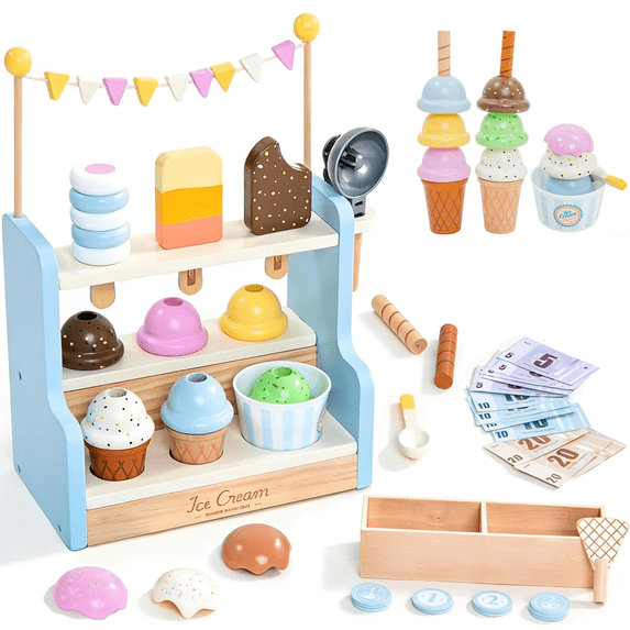 Richgv Wooden Ice Cream Toy Set for Kids, Toddler Girl Toys Pretend Play Food Store, 37Pcs Ice Cream Counter with Scoop, Play Kitchen Gift Toys for Girls Boys 3-6 Year