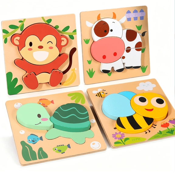 Jonzoo Richgv Wooden Puzzles for Toddlers, Montessori Toys Educational Learning Toys for 1-3 Year Old Kids, 4 Pack Animals Puzzles Toddler Toys Birthday Gifts for Girls Boys