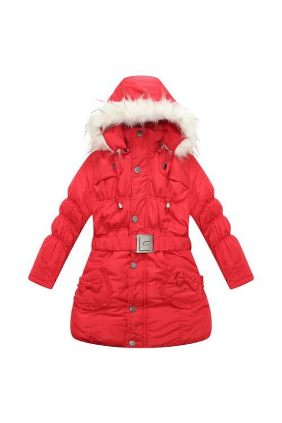 Big Girls Red Padded Belt Faux Fur Hood Winter Jacket 6/7