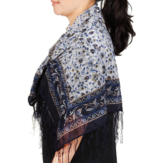 Richie House Blue-themed Scarf with Flowers and Micro-tassels RH0486