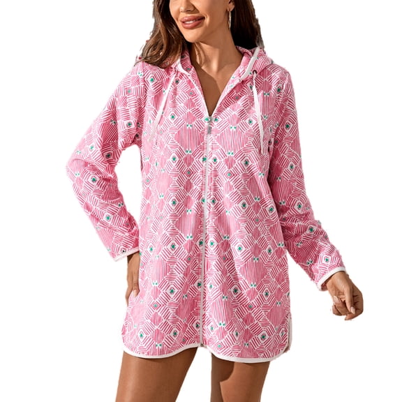 Richie House Casual Nights Women's Summer Print Bathrobe Zip Up Long Sleeve Sleepwear Dress RHW4094-B-XL