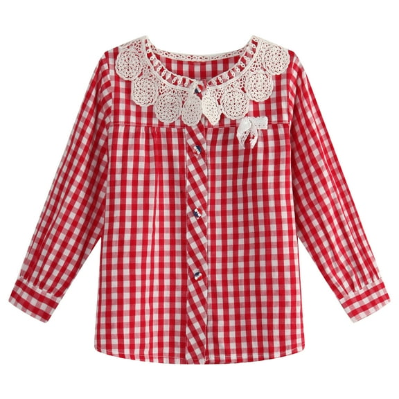 Richie House Girls' Gingam Top with Lace Collar and Bow Accent RH0921