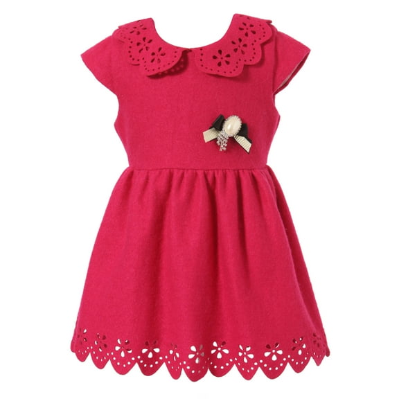 Richie House Girls' Girl Shortleeve Dress With Flower Cutout Neck And Hem RH1748