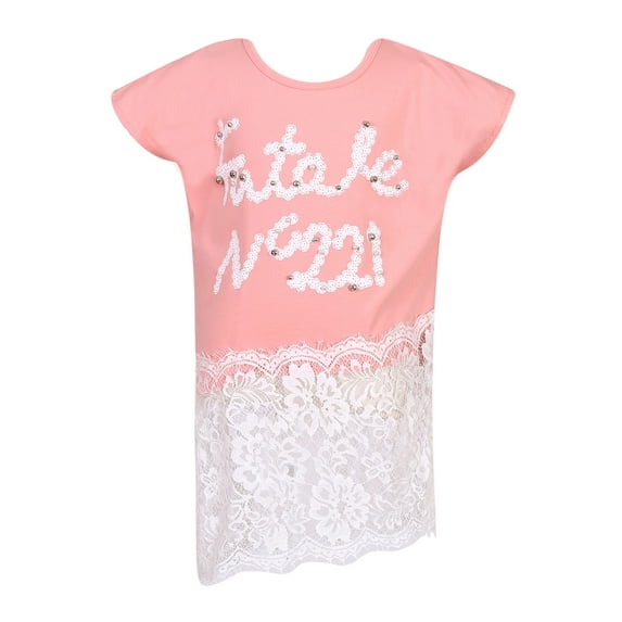 Richie House Girls' Medium Knit T-Shirt with Irregular Lace Bottom RH2477
