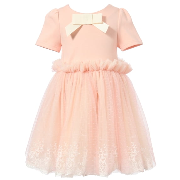 Richie House Girls Peach Bow Accent Embroidered Mesh Occasion Dress 9/10