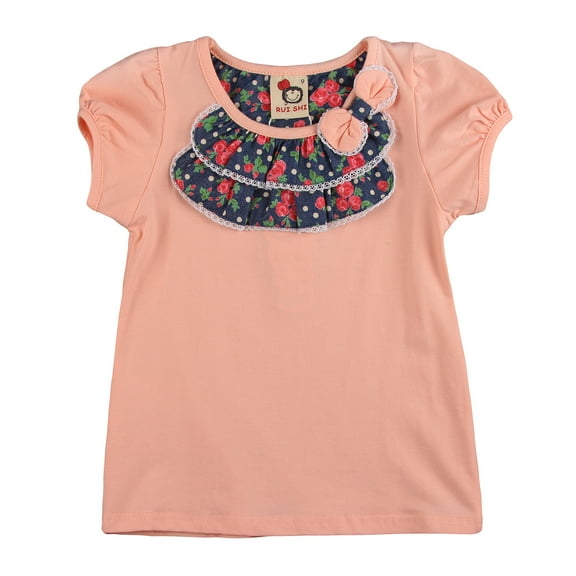 Richie House Girls' Peach Top with Rose Denim and Lace Accent RH0282
