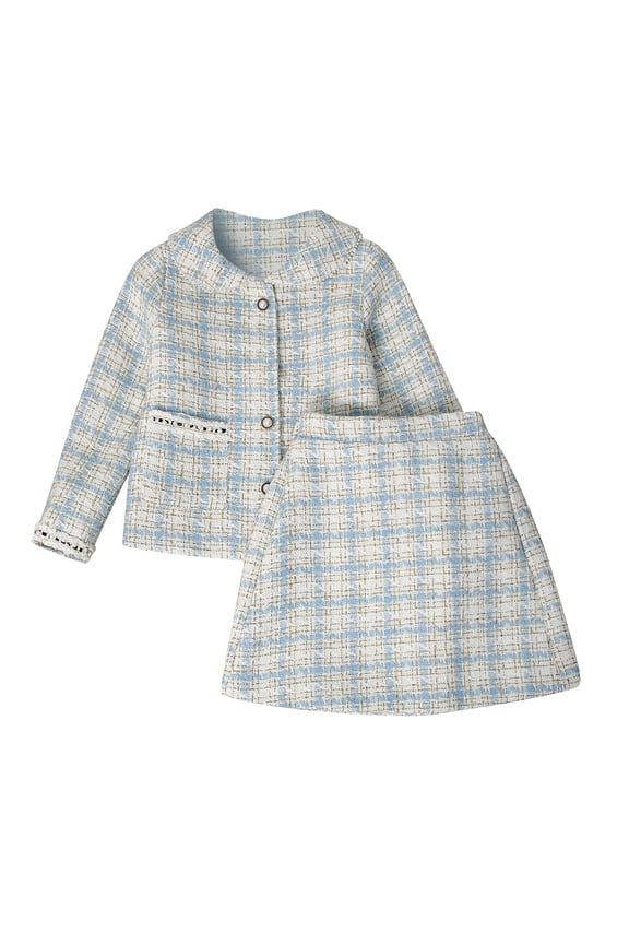 Girls Plaid Skirt 2P Set Long Sleeve Jacket Coat Party Dress Skirt Fall Outfit 3-10T RHK3008-A-7/8