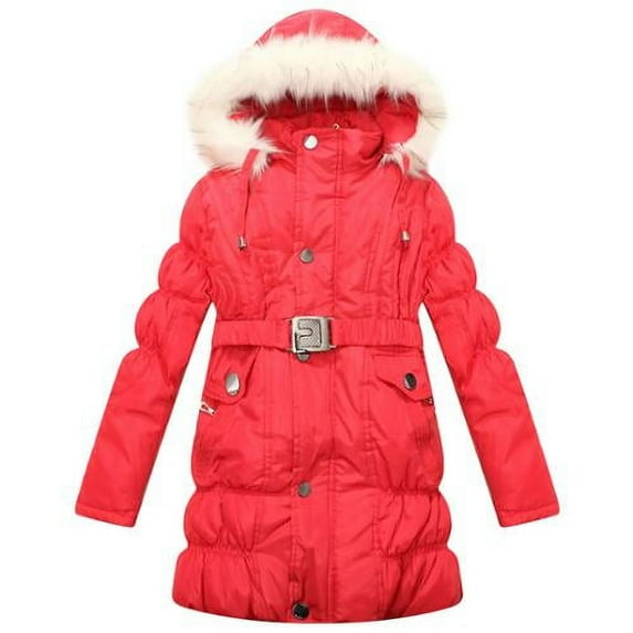Richie House Girls Red Fur Hood Belt Padded Winter Jacket 14