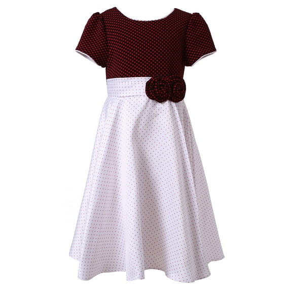 Richie House Girls White Black Pintuck Dotted Bow Polished Dress 3/4