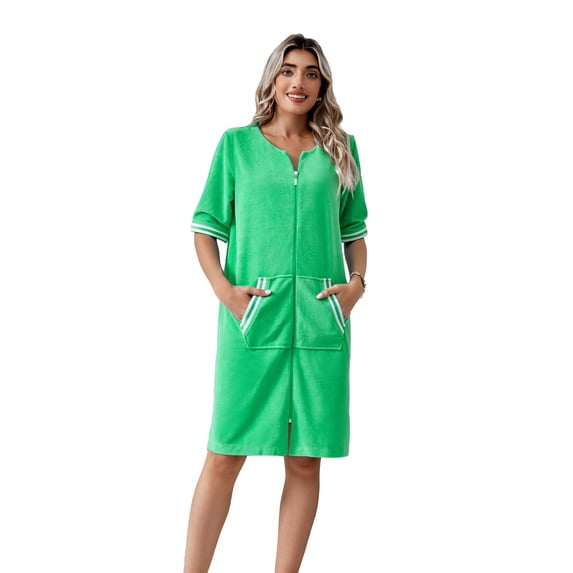 Richie House Housecoat Women Zipper Front Duster Robe 3/4 Lounger Housedress Pocket Nightgown S-3XL RHW4008-C-L