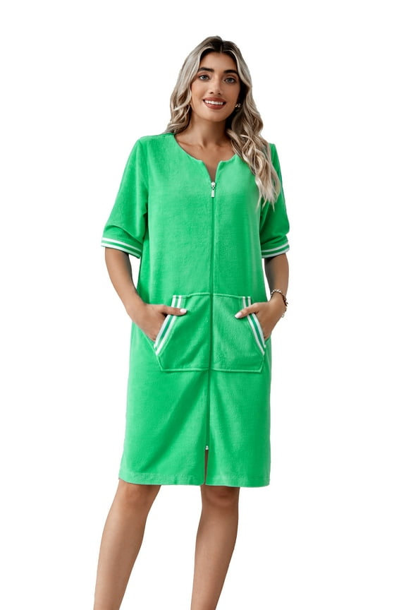 Housecoat Women Zipper Front Duster Robe 3/4 Lounger Housedress Pocket Nightgown S-3XL RHW4008-C-S