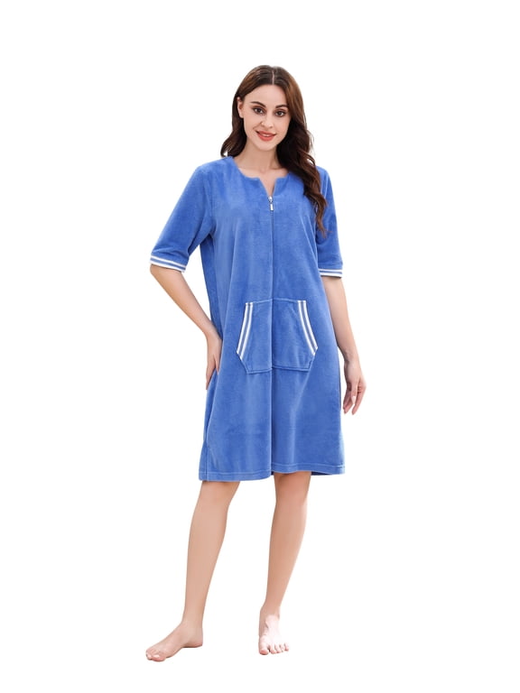 Housecoat Women Zipper Front Duster Robe 3/4 Lounger Housedress Pocket Nightgown S-3XL RHW4008