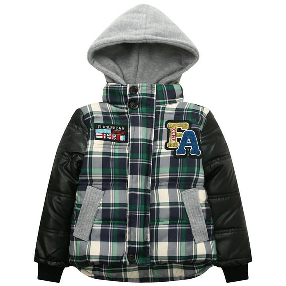 Richie House Little Boys Green Plaid Faux Leather Hooded Padding Jacket 3/4
