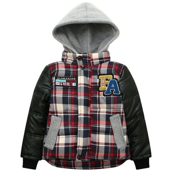 Richie House Little Boys Red Plaid Faux Leather Hooded Padding Jacket 2/3