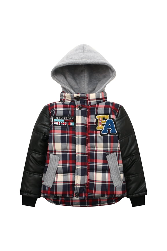 Little Boys Red Plaid Faux Leather Hooded Padding Jacket 2/3