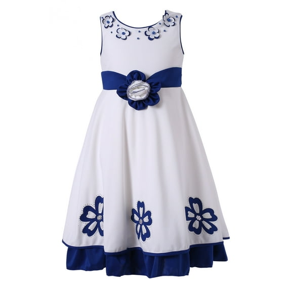 Richie House Little Girls Blue White Floral Embellished Occasion Dress 2/3