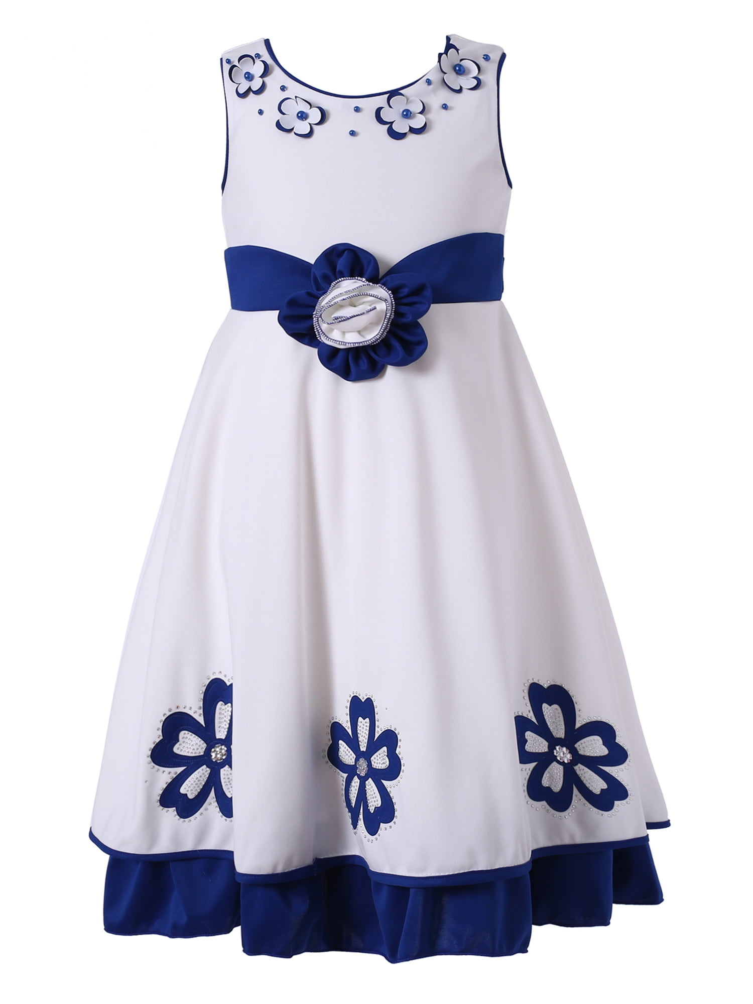 Richie House Little Girls Blue White Floral Embellished Occasion Dress 7/8