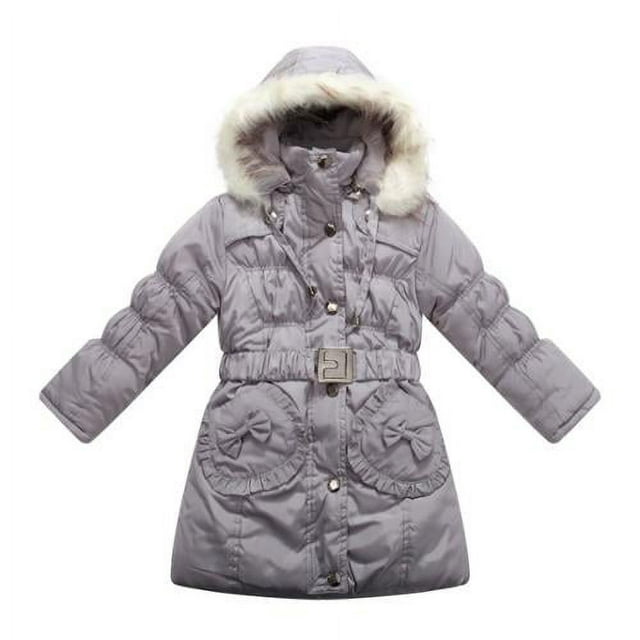 Richie House Little Girls Grey Fur Hood Bow Padded Winter Jacket 7 ...