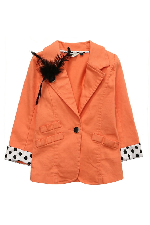 Little Girls Orange Black Polka Dot Cuffs Lapel Clip Jacket 5