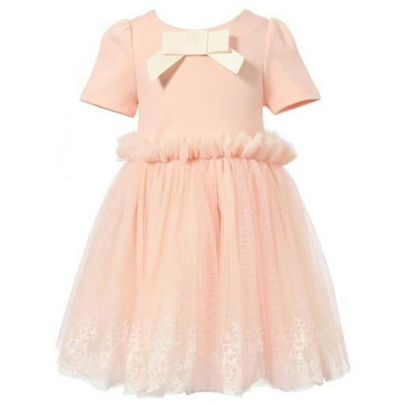 Richie House Little Girls Peach Bow Accent Embroidered Mesh Occasion Dress 4/5