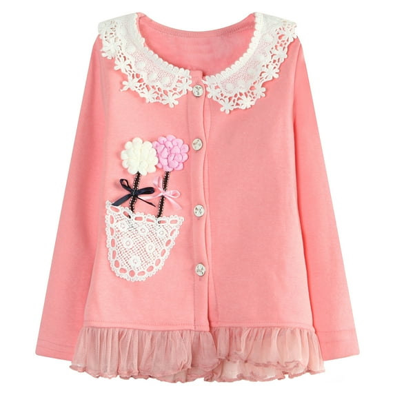 Richie House Little Girls Pink Fleece Flower Pot Lace Trimmed Cardigan 2/3