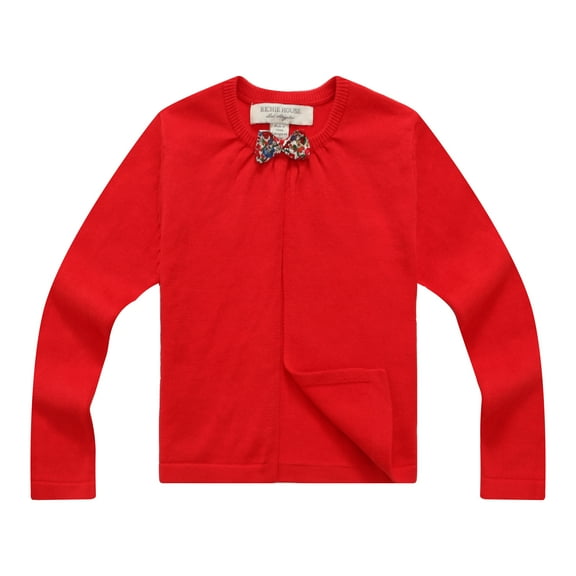 Richie House Little Girls Red Bow Open Cardigan 4