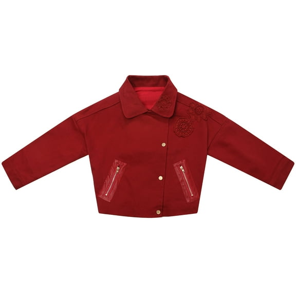 Richie House Little Girls Red Lace Golden Snaps Short Twill Coat 3