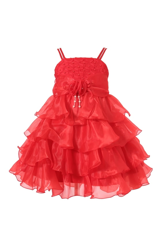 Little Girls Red Rosette Flower Adorned Extravagant Dress 3/4