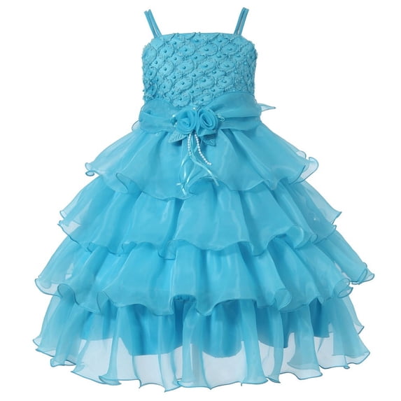 Richie House Little Girls Teal Rosette Flower Adorned Extravagant Dress 4/5