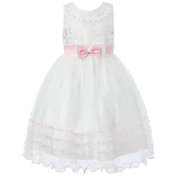 Richie House Little Girls White Pink Floral Embroidered Layered Dress 3/4
