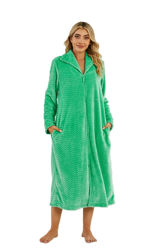 Long Zipper Robe For Womens Soft Premium Flannel Fleece Bathrobe RHW2856