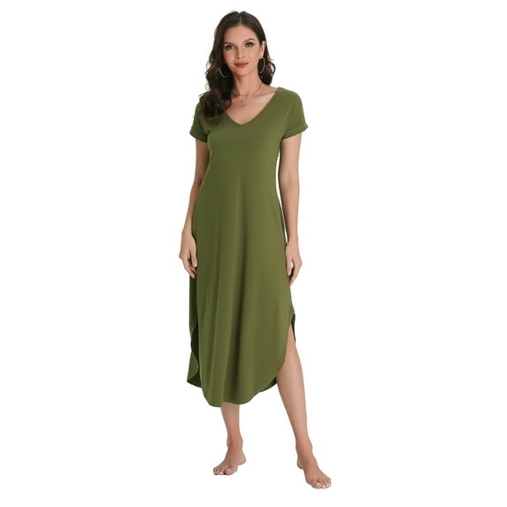 Richie House Nightgowns Nightdress Women V Neck Print Short Slit Sleepwear S-XXL RHW2895