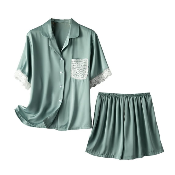 Richie House Pajamas Women Short Sleeve Lace Sleepwear Button Down Loungewear Summer Pjs Short Set RHW4035