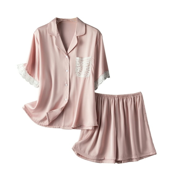 Richie House Pajamas Women Short Sleeve Lace Sleepwear Button Down Loungewear Summer Pjs Short Set RHW4035