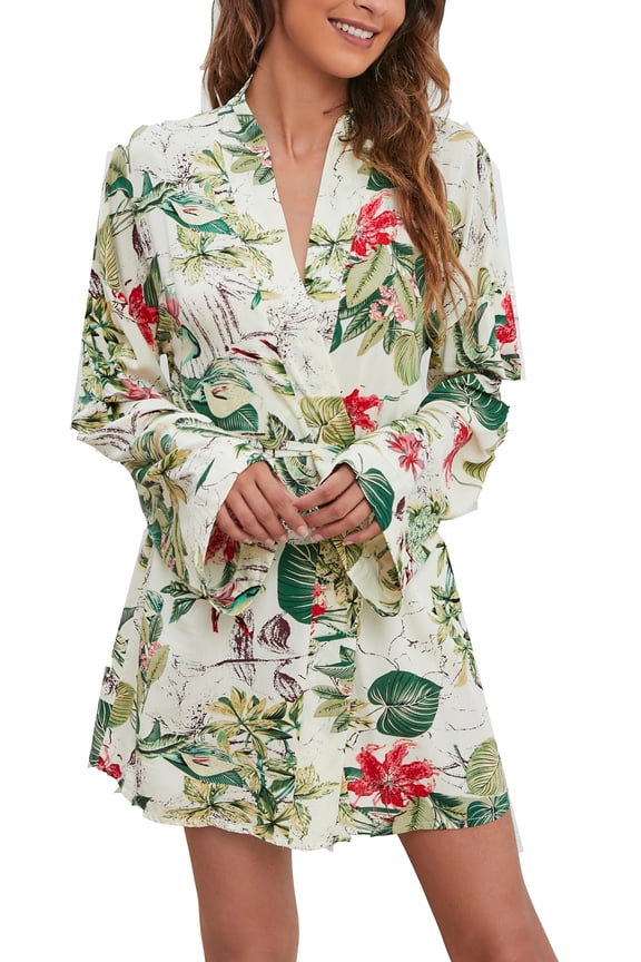 Plus Size Robes Women Wrap Floral Print Sleep Lounge Kimono Robe RHW2928-A-XXL