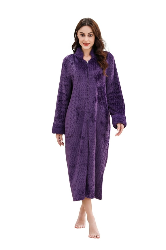 Women Fleece Robe Plush Long Zip Front Warm Soft Zippered Bathrobes S-3XL RHW4002-B-S