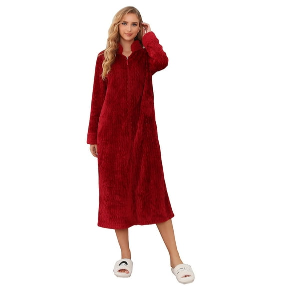 Richie House Women Fleece Robe Plush Long Zip Front Warm Soft Zippered Bathrobes S-3XL RHW4002-C-L